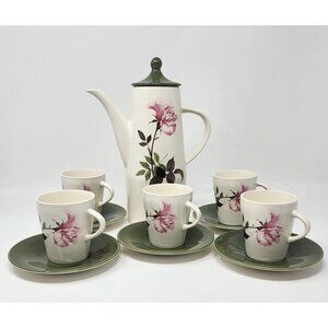Mid Century Porcelain Coffee Pot & Cups Saucers Green Ivory Roses Palissy UK